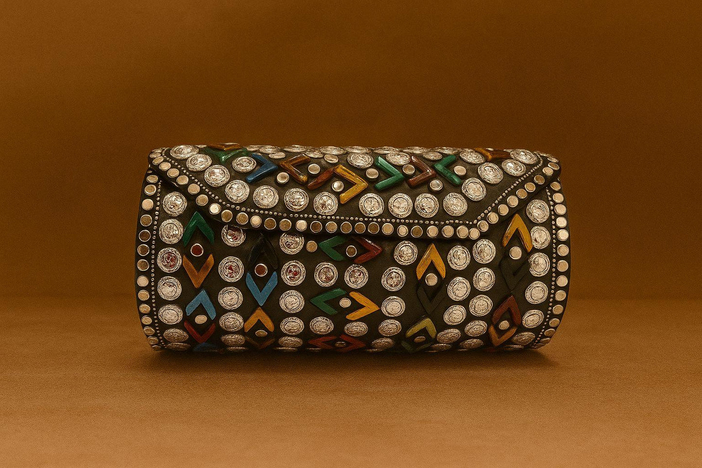 Handcrafted Geometric Studded Clutch - Retro-Mod & Tribal Mosaic Evening Bags
