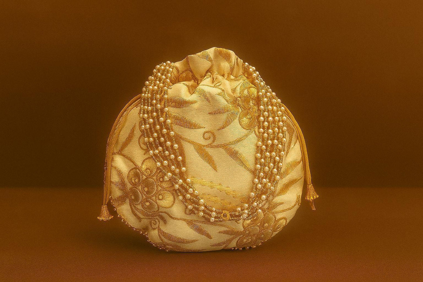 Handcrafted Zari Work Potli Bag with Statement Pearl Handle - Royal Festive Batwa