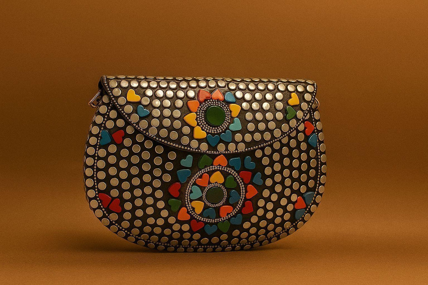 Handcrafted Mosaic Stone & Metal Studded Clutch - Geometric Evening Sling Bag