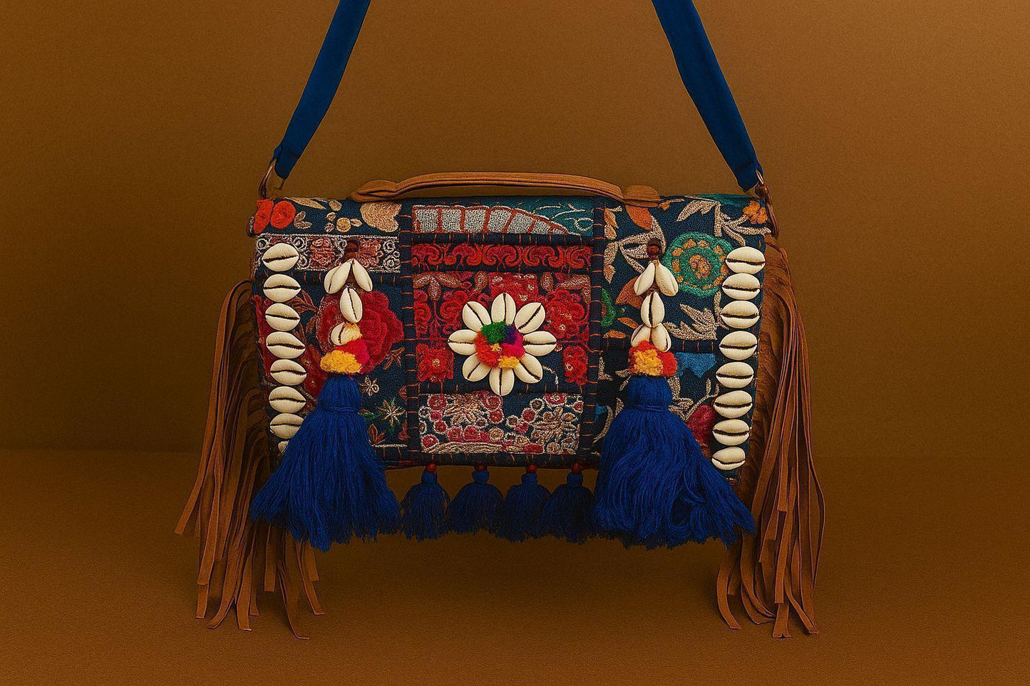 Handcrafted Banjara Patchwork Sling Bag - Boho Gypsy Crossbody with Cowrie Shells & Fringes