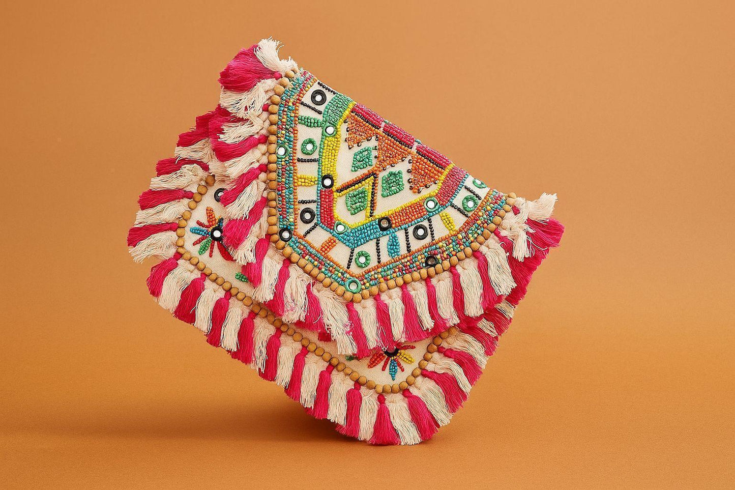 Handcrafted Boho Beaded Clutch & Sling Bag - Tribal Coins, Shells & Evil Eye Design