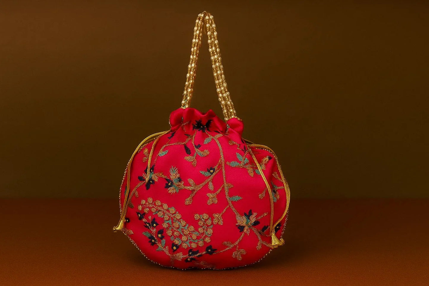 Handcrafted Embroidered Potli Bag with Pearl Handle - Traditional Rajasthani Wedding Batwa