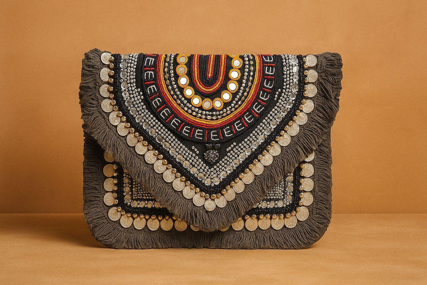 Handcrafted Boho Beaded Clutch & Sling Bag - Tribal Coins, Shells & Evil Eye Design