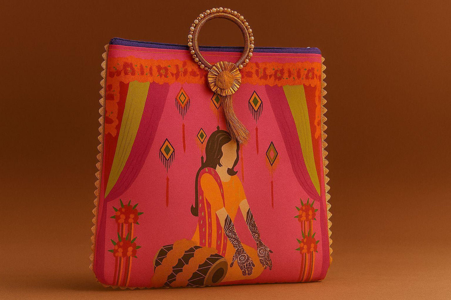 Digital Print Ethnic Handbag with Ring Handle - 'Dholak Sangeet' Illustration