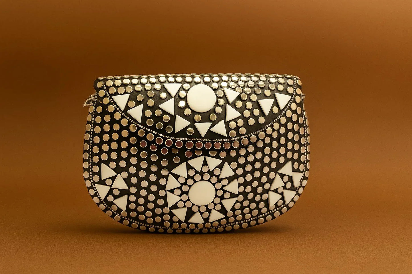 Handcrafted Mosaic Stone & Metal Studded Clutch - Geometric Evening Sling Bag