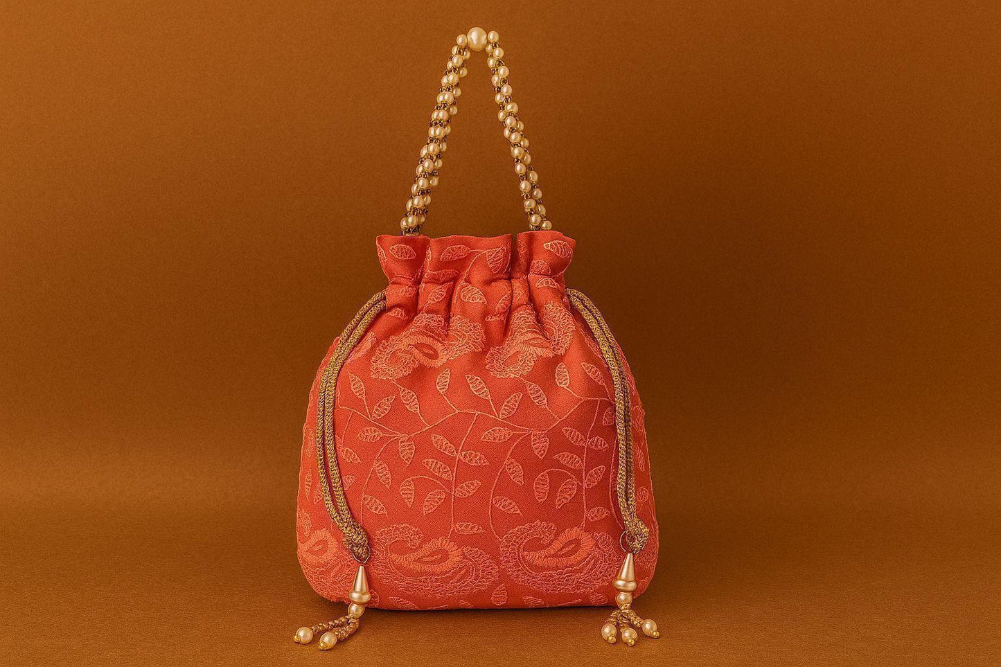 Handcrafted Self-Embroidered Silk Potli Bag with Pearl Handle - Monotone Ethnic Batwa