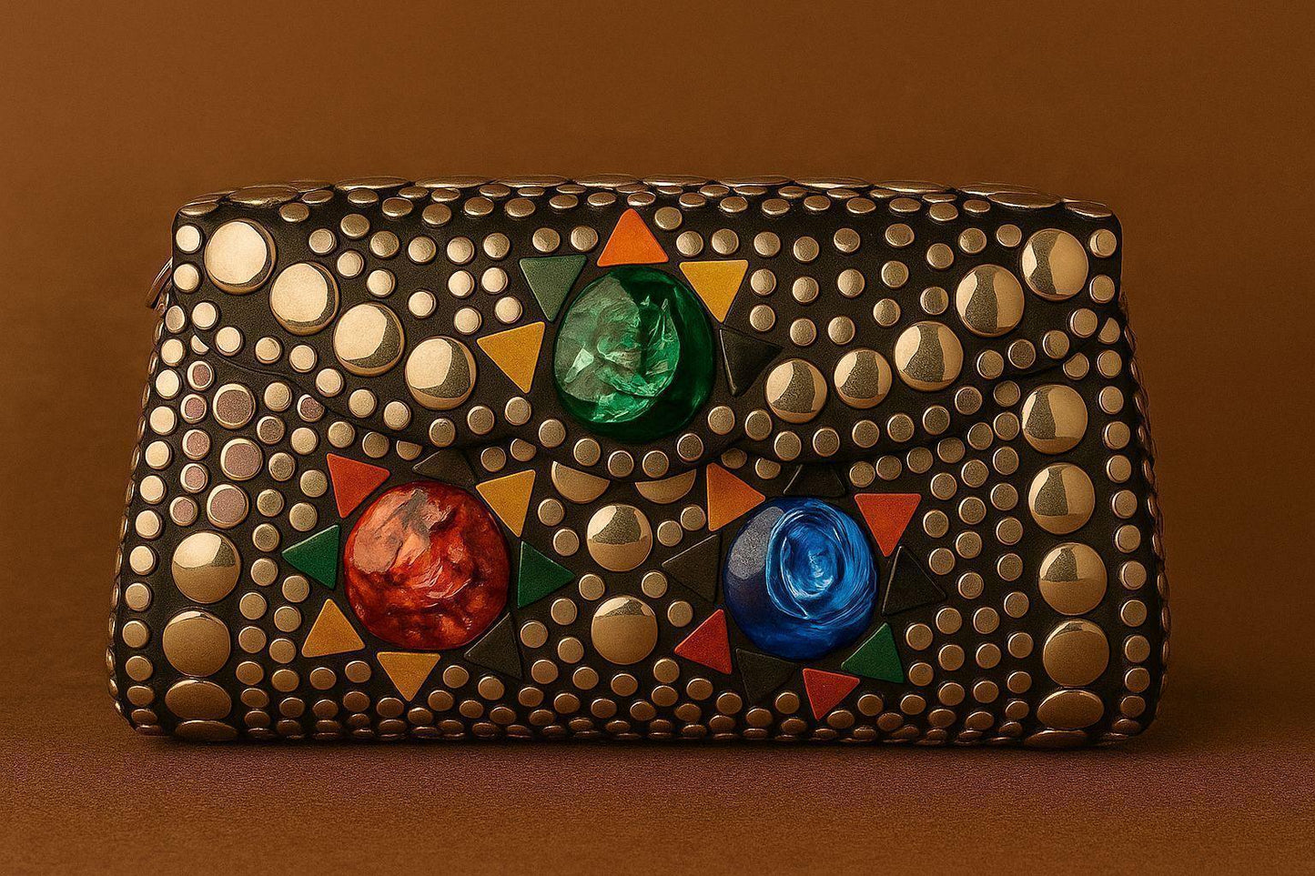 Handcrafted Retro-Pop Mosaic Clutch - Studded Evening Bag with Colorful Stone Inlay