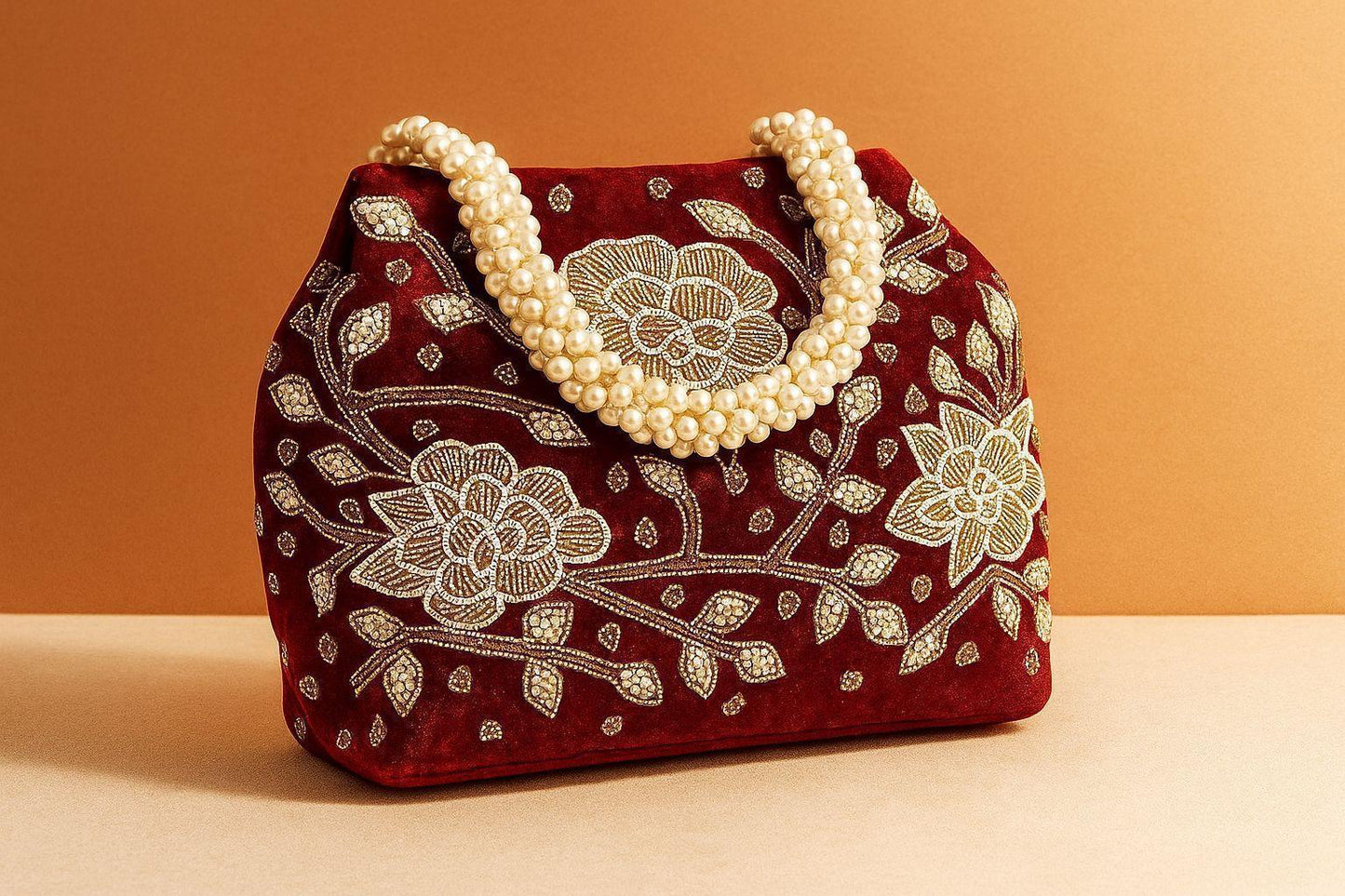 Handcrafted Velvet Mini Tote with Pearl Handle - 'Royal Garden' Floral Zari Handbag