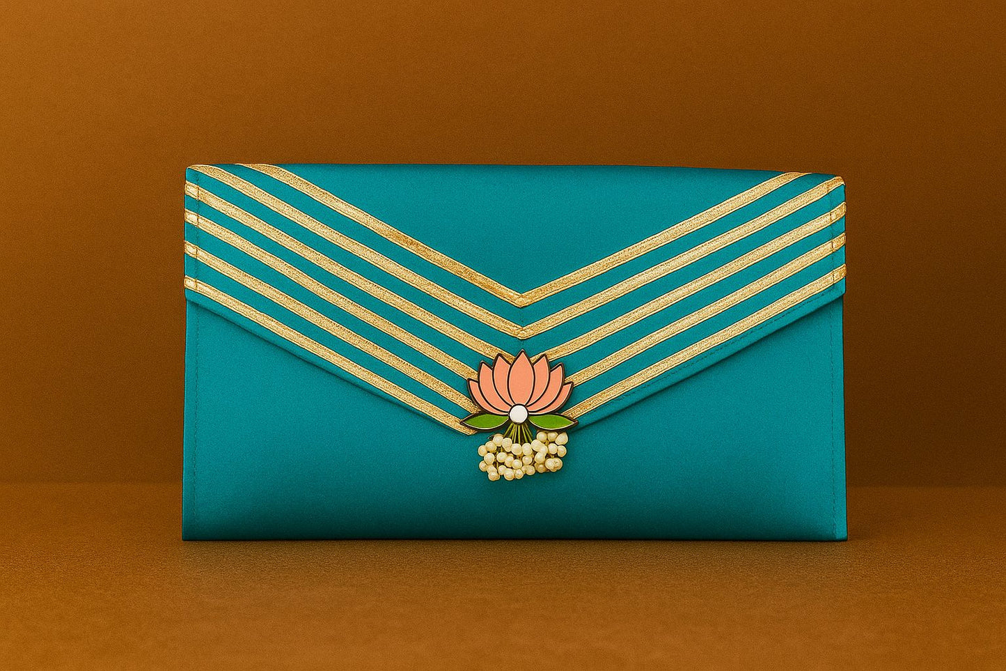 Handcrafted Satin Envelope Clutch with Lotus Motif - Festive Gota Work Bag