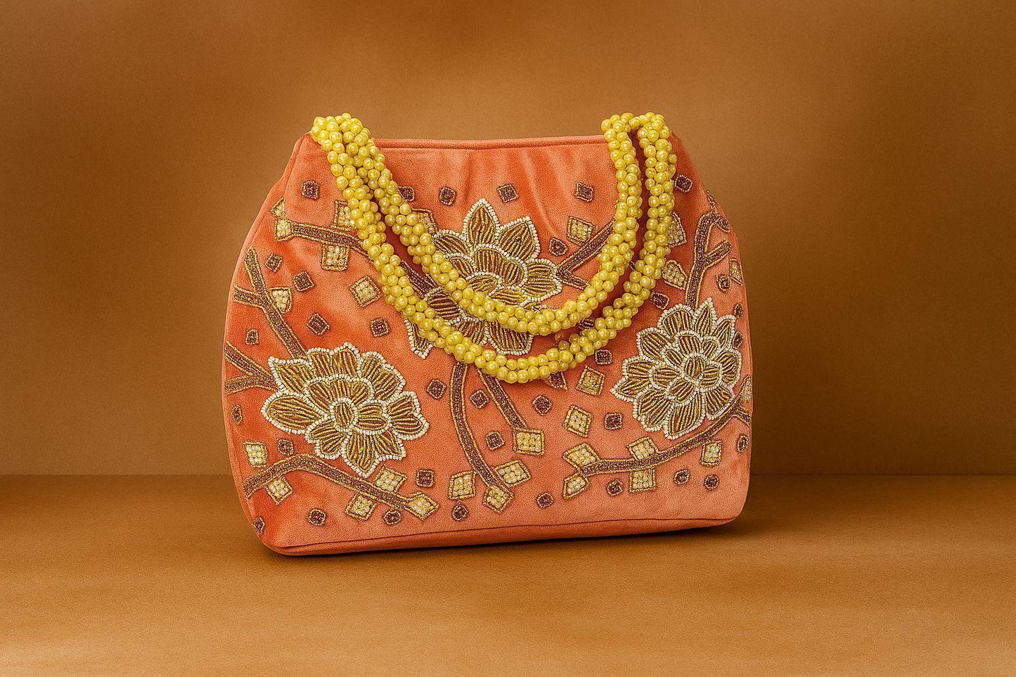 Handcrafted Velvet Mini Tote with Pearl Handle - 'Royal Garden' Floral Zari Handbag
