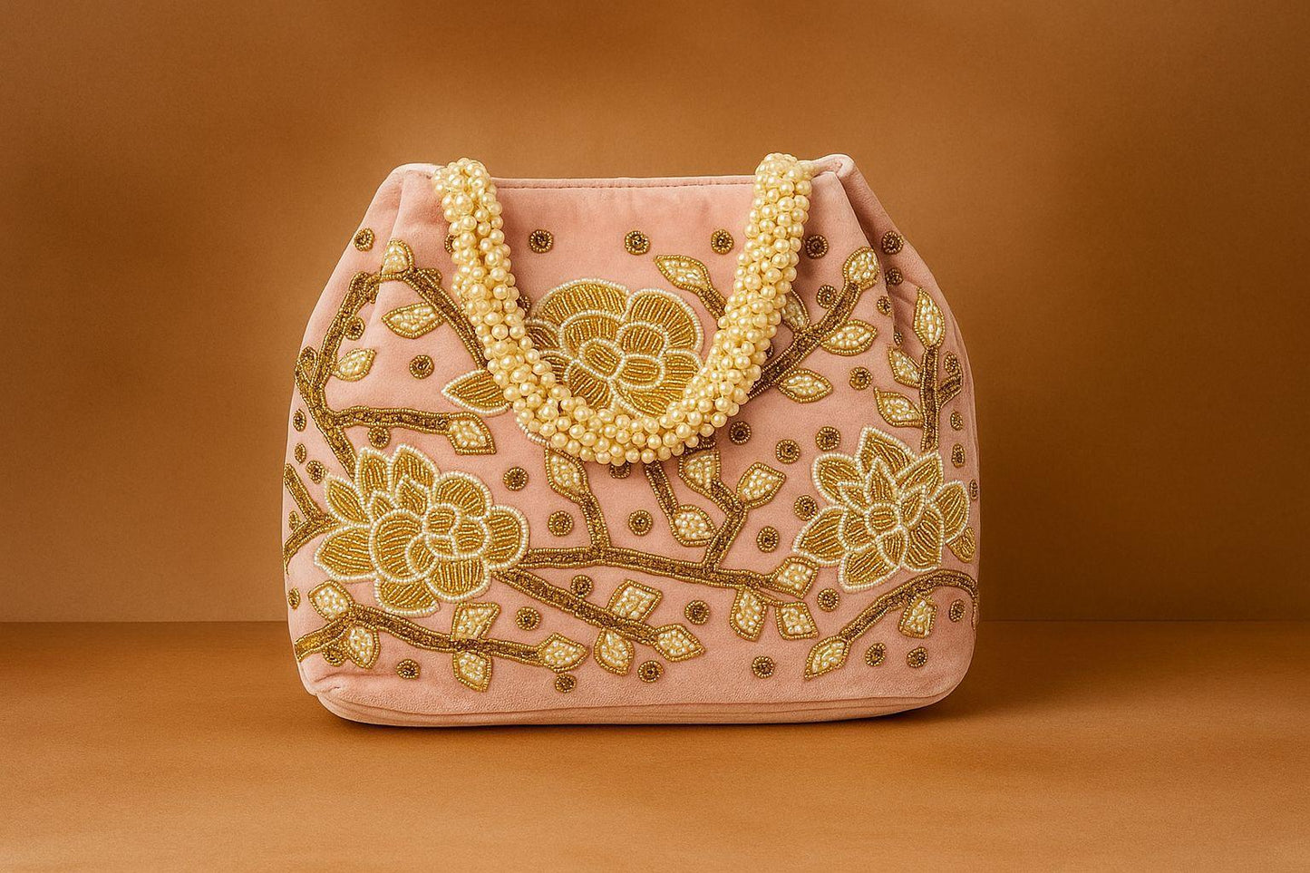 Handcrafted Velvet Mini Tote with Pearl Handle - 'Royal Garden' Floral Zari Handbag