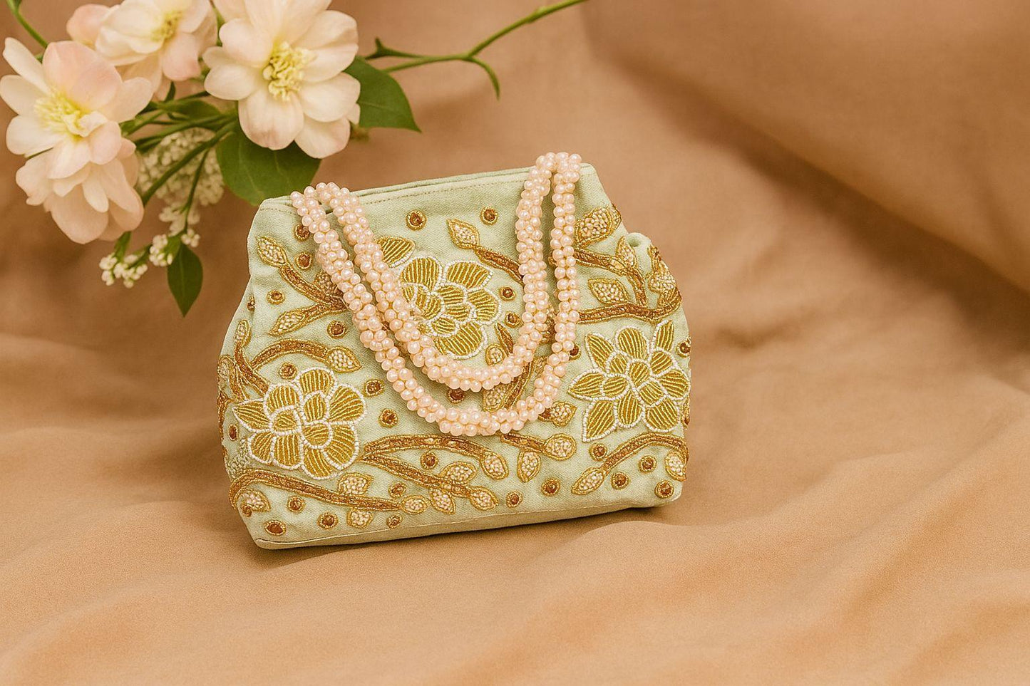 Handcrafted Velvet Mini Tote with Pearl Handle - 'Royal Garden' Floral Zari Handbag
