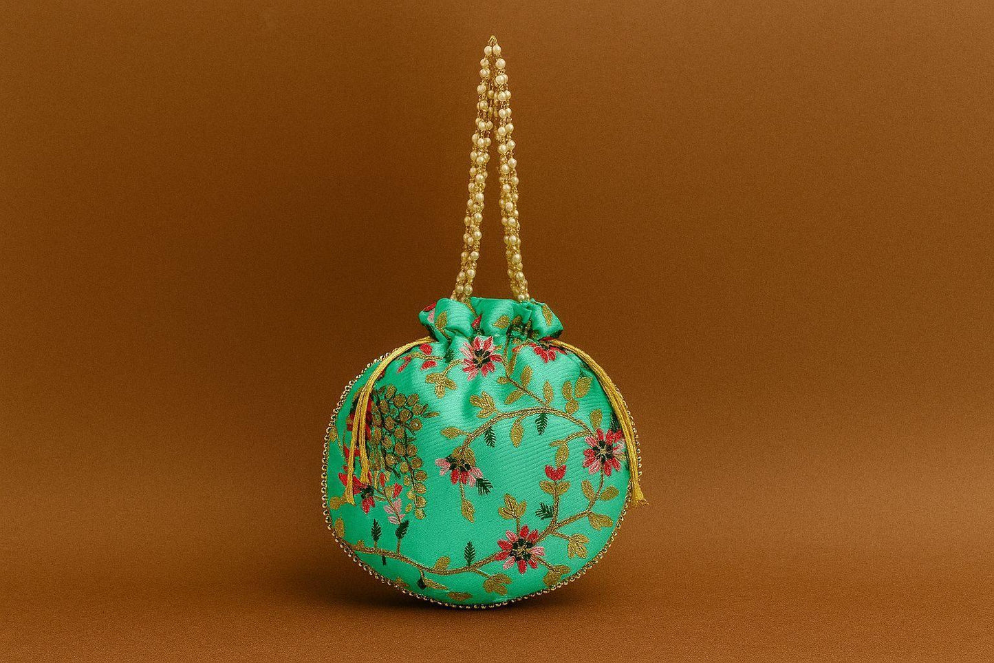 Handcrafted Embroidered Potli Bag with Pearl Handle - Traditional Rajasthani Wedding Batwa