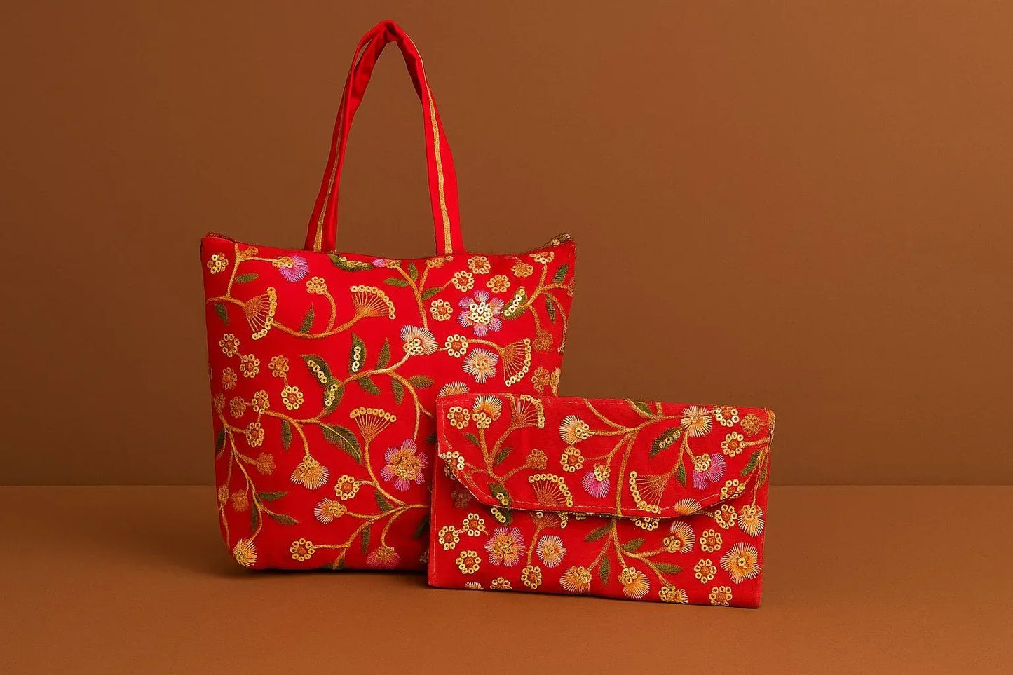 Handcrafted Embroidered Tote & Clutch Combo Set - Ethnic Shoulder Bag with Matching Evening Purse