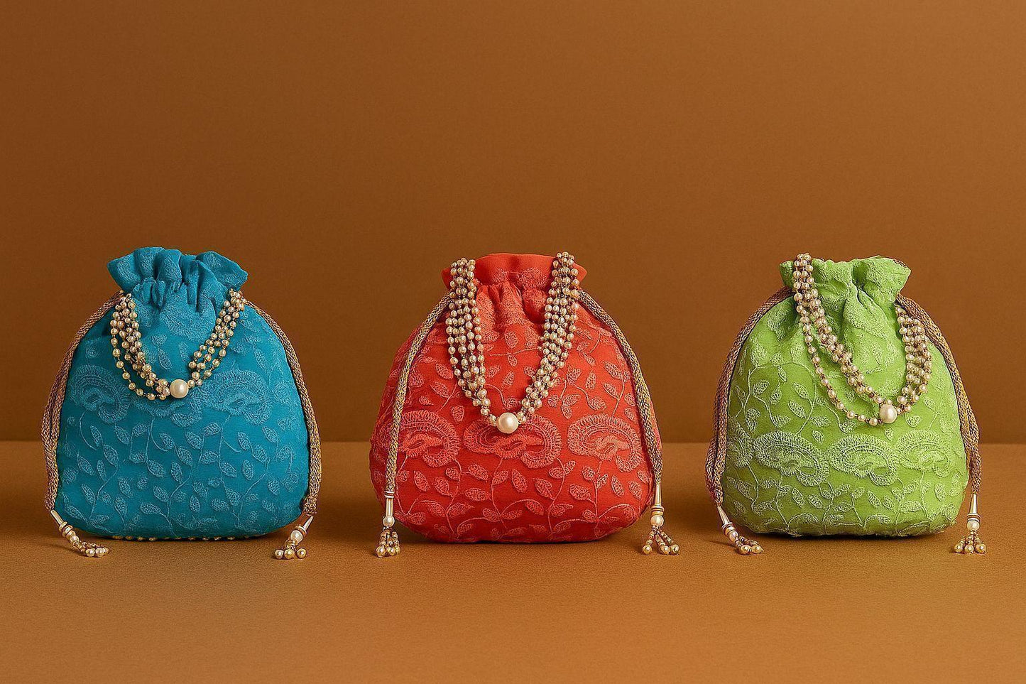 Handcrafted Self-Embroidered Silk Potli Bag with Pearl Handle - Monotone Ethnic Batwa