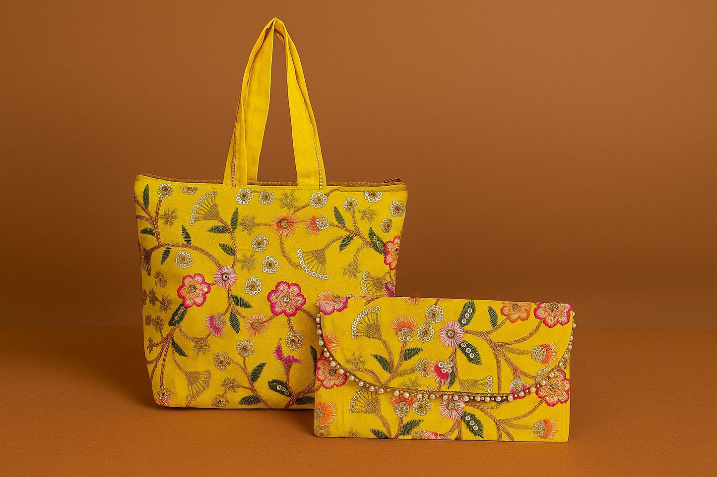 Handcrafted Embroidered Tote & Clutch Combo Set - Ethnic Shoulder Bag with Matching Evening Purse