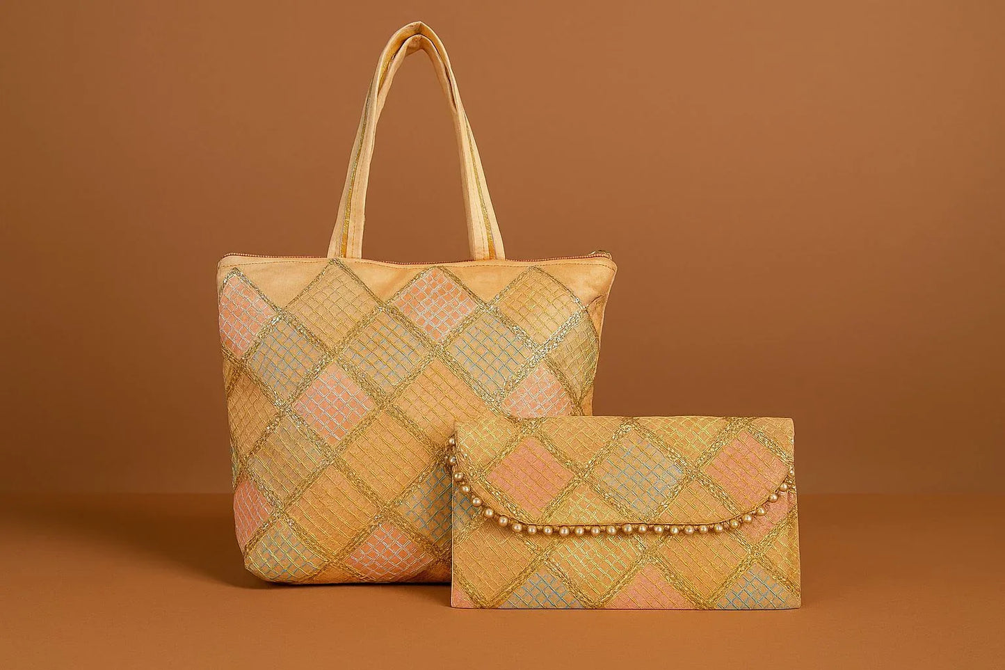 Handcrafted Embroidered Tote & Clutch Combo Set - Ethnic Shoulder Bag with Matching Evening Purse