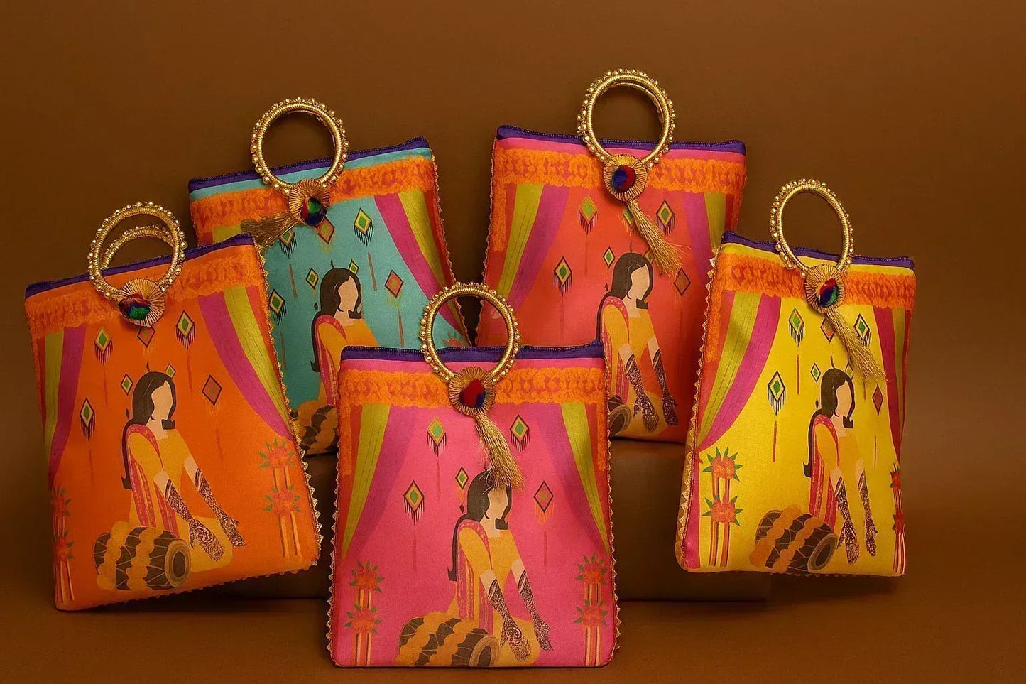 Digital Print Ethnic Handbag with Ring Handle - 'Dholak Sangeet' Illustration