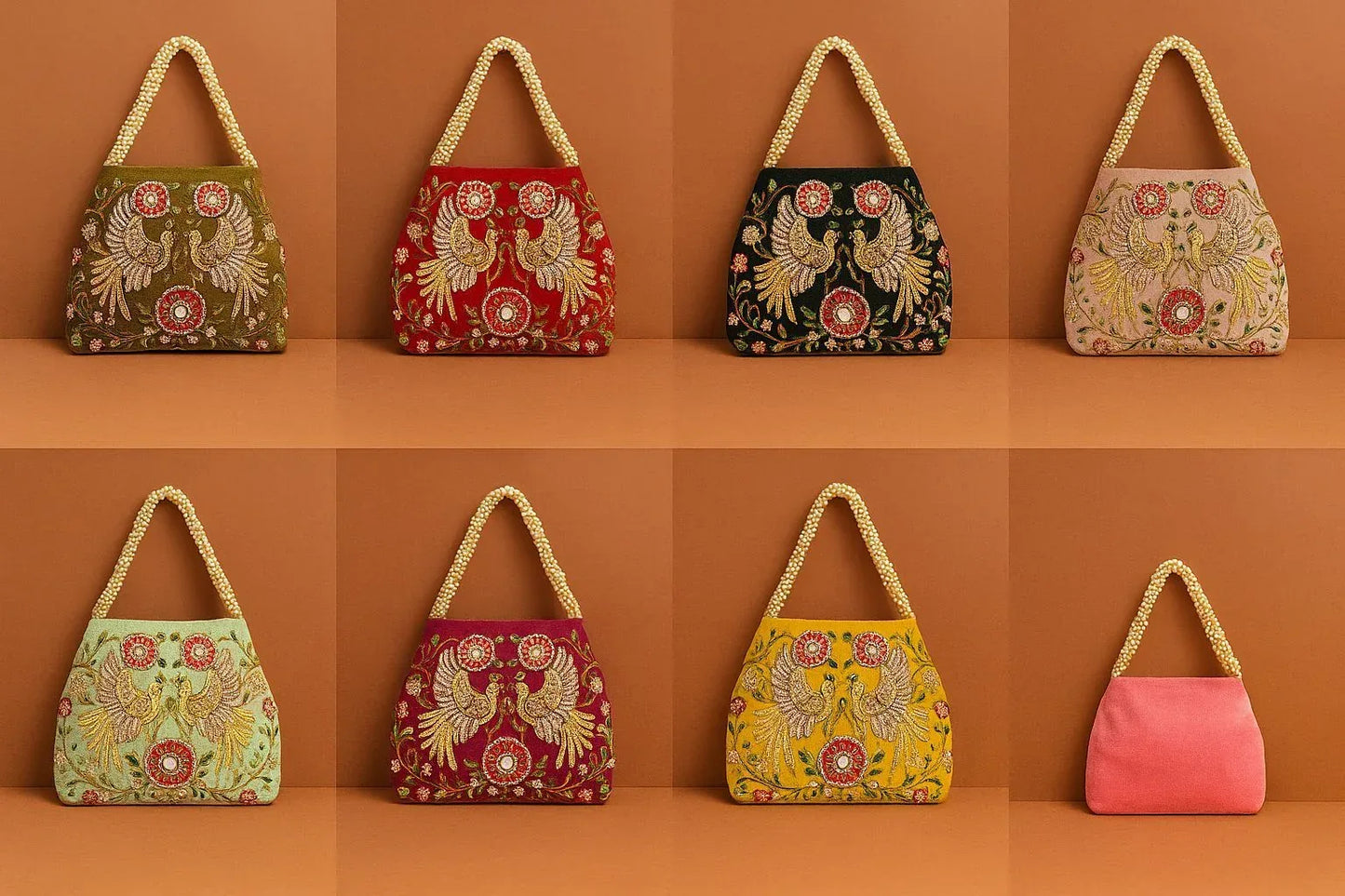 Handcrafted Velvet Mini Tote with Pearl Handle - 'Twin Peacocks' Embroidered Handbag