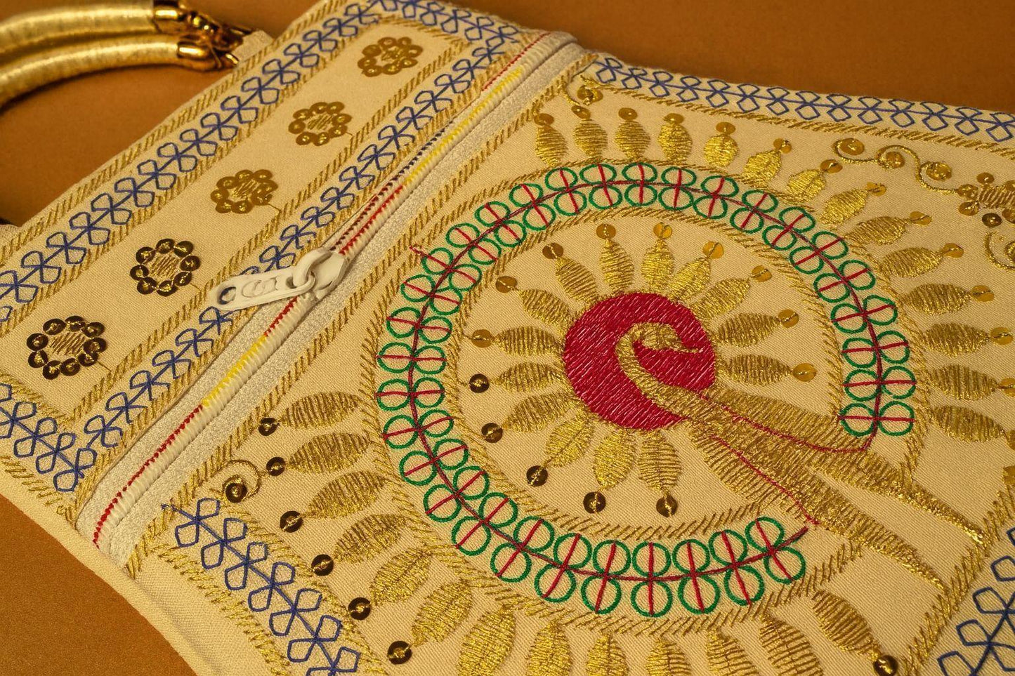 Handcrafted Embroidered Golden Mandala Handbag - Ethnic Sling with Metal Handle & Front Zipper