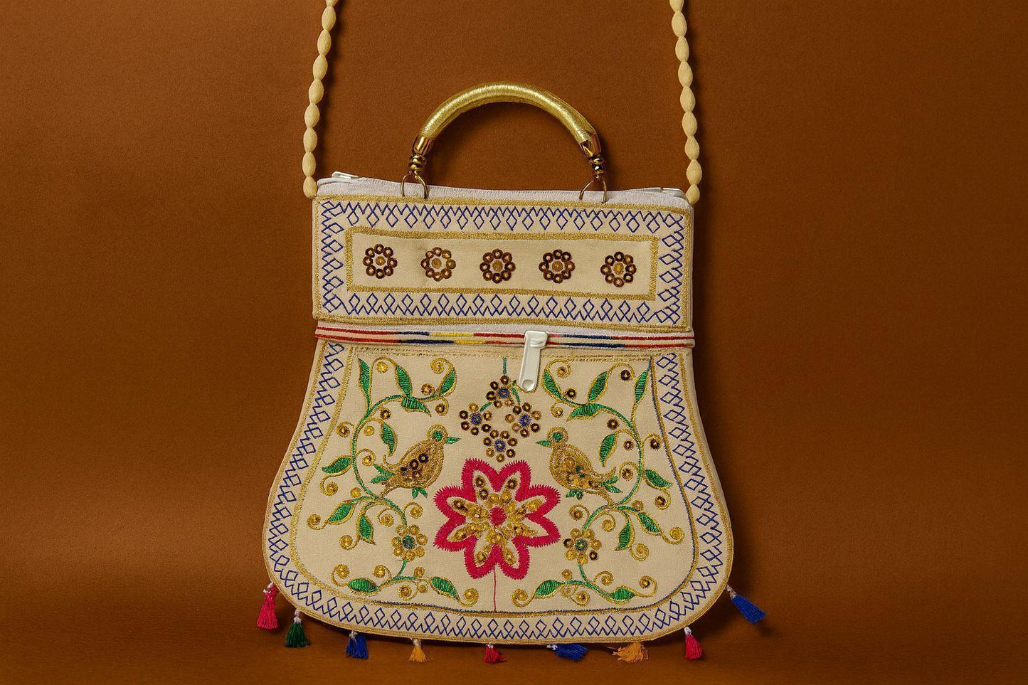 Handcrafted Embroidered Bird & Floral Handbag - Ethnic Sling with Metal Handle & Front Zipper