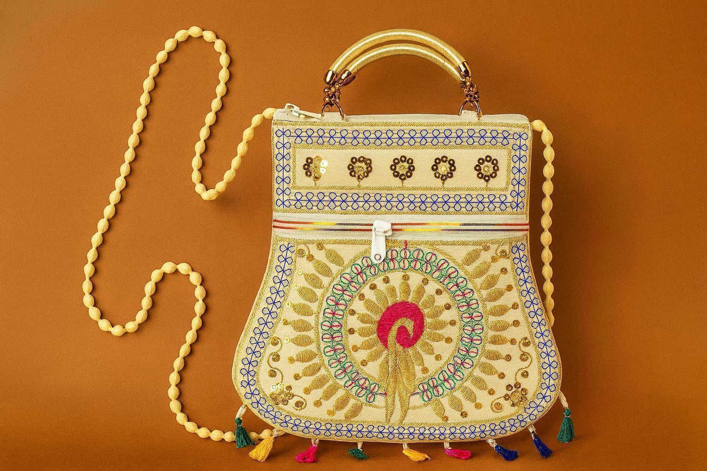 Handcrafted Embroidered Golden Mandala Handbag - Ethnic Sling with Metal Handle & Front Zipper