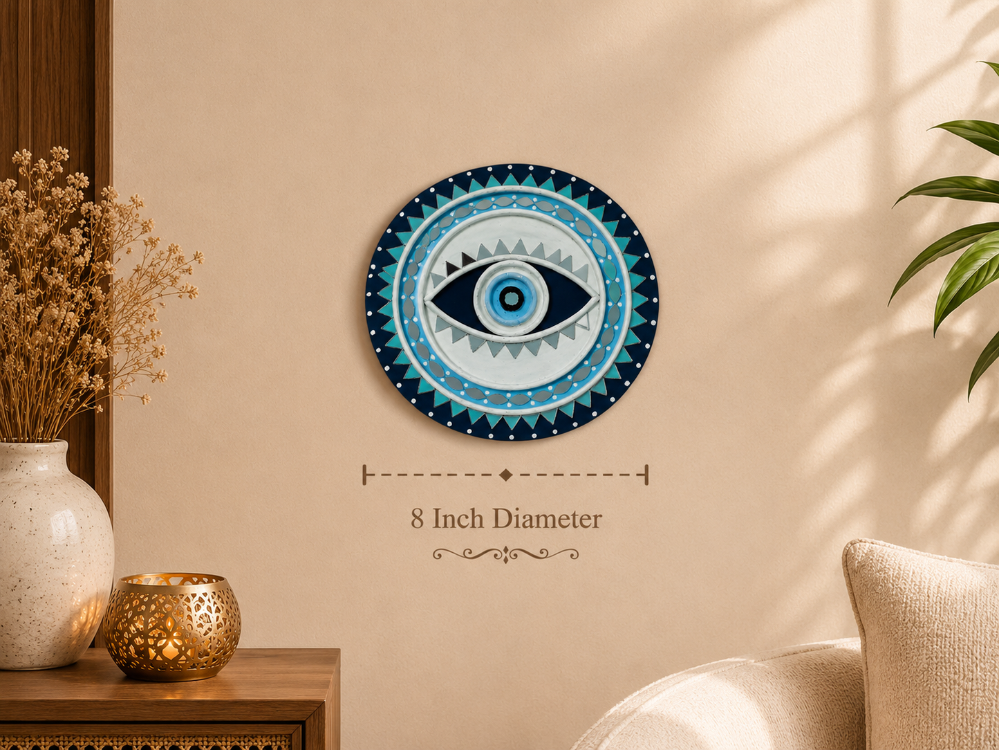Handcrafted Evil Eye Lippan Art Wall Hanging (8-Inch MDF Base) – Traditional Mud & Mirror Work Protection Charm