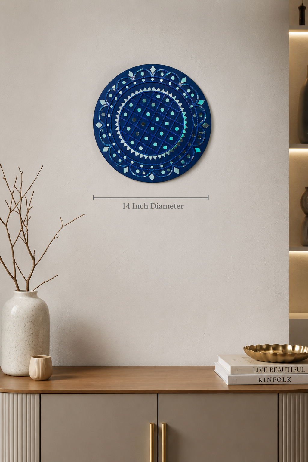 Handcrafted Royal Blue Majesty Lippan Art Wall Decor (14-Inch MDF Base) – Premium Monochrome Mud & Mirror Work Mandala