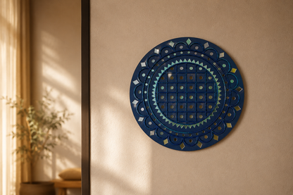 Handcrafted Royal Blue Majesty Lippan Art Wall Decor (14-Inch MDF Base) – Premium Monochrome Mud & Mirror Work Mandala