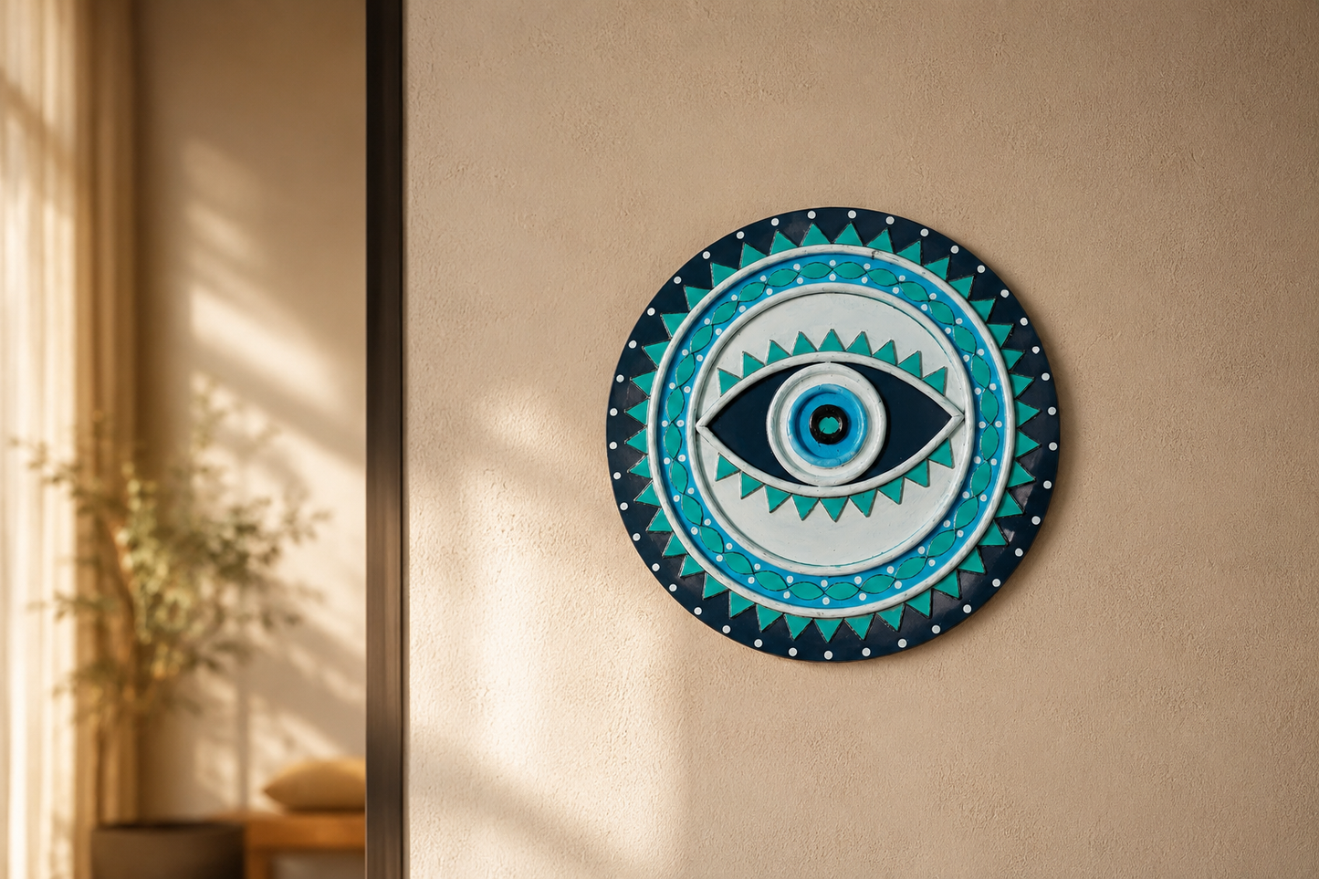 Handcrafted Evil Eye Lippan Art Wall Hanging (8-Inch MDF Base) – Traditional Mud & Mirror Work Protection Charm