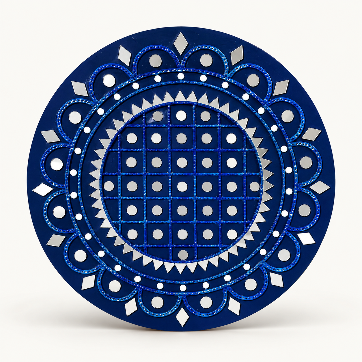 Handcrafted Royal Blue Majesty Lippan Art Wall Decor (14-Inch MDF Base) – Premium Monochrome Mud & Mirror Work Mandala