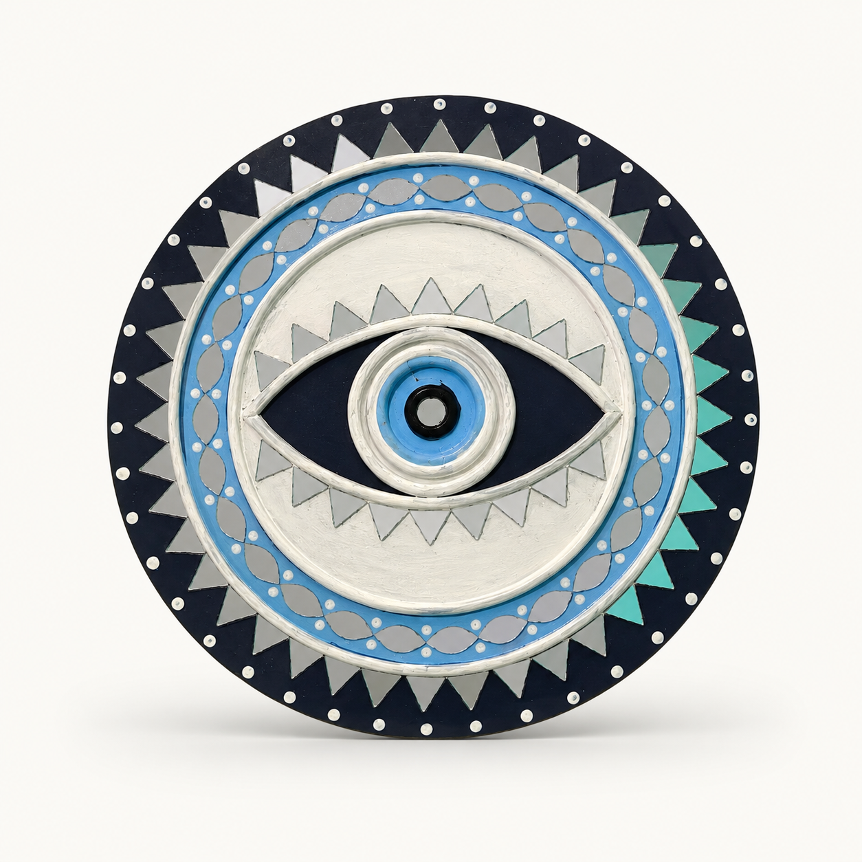 Handcrafted Evil Eye Lippan Art Wall Hanging (8-Inch MDF Base) – Traditional Mud & Mirror Work Protection Charm