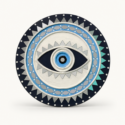 Handcrafted Evil Eye Lippan Art Wall Hanging (8-Inch MDF Base) – Traditional Mud & Mirror Work Protection Charm
