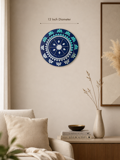 Handcrafted Royal Blue & Turquoise Mandala Lippan Art Wall Mirror (12-Inch MDF Base) – Traditional Mud & Mirror Work Hanging