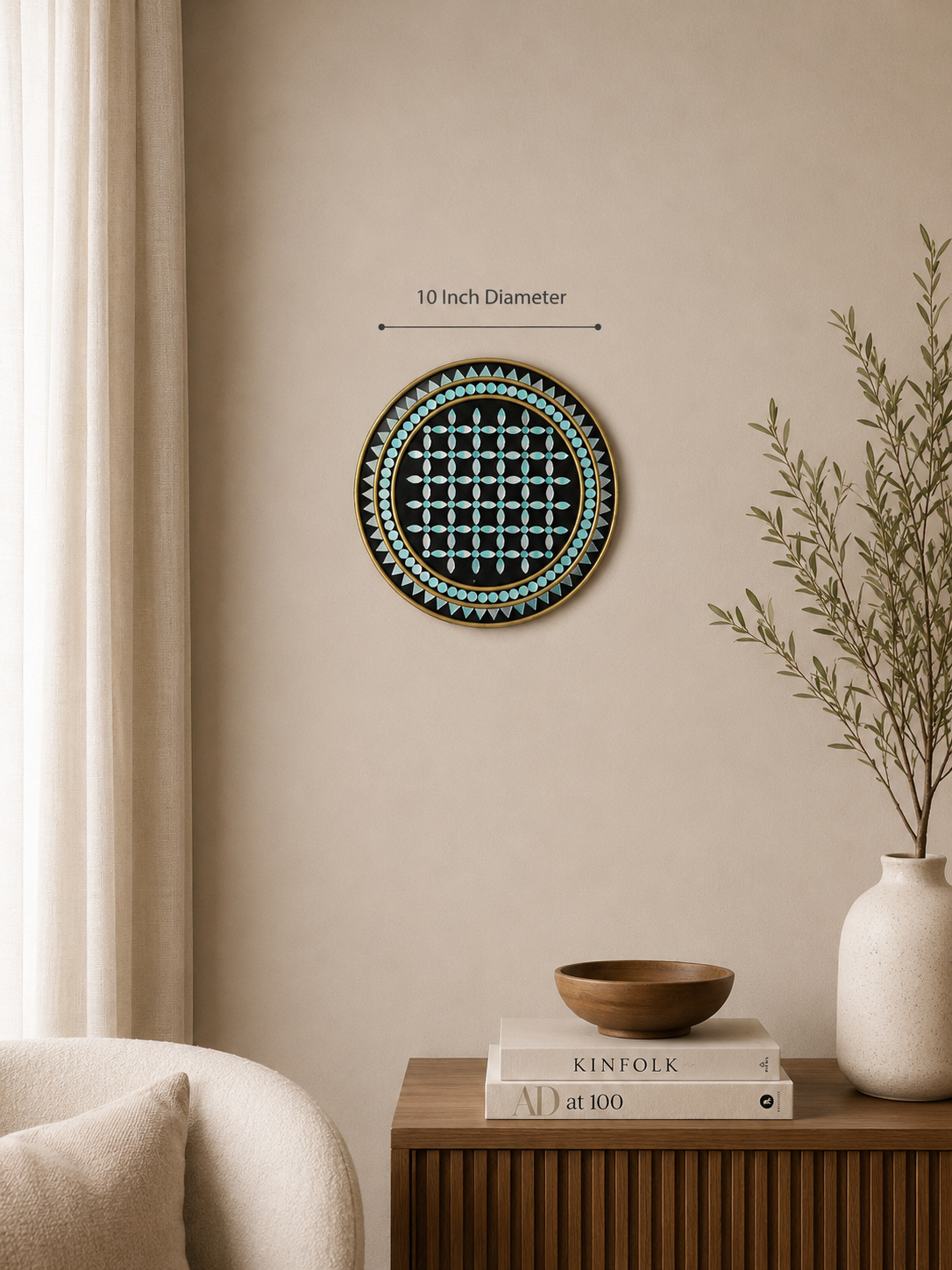 Handcrafted Luxury Turquoise Floral Grid Lippan Art (10-Inch MDF Base) – Premium Black & Gold Mud-Mirror Work Mandala