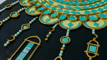 Handcrafted Luxury Jharokha Archway Lippan Art Wall Hanging (16-Inch MDF Base) – Premium Gold & Turquoise Mud-Mirror Work