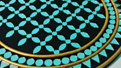 Handcrafted Luxury Turquoise Floral Grid Lippan Art (10-Inch MDF Base) – Premium Black & Gold Mud-Mirror Work Mandala