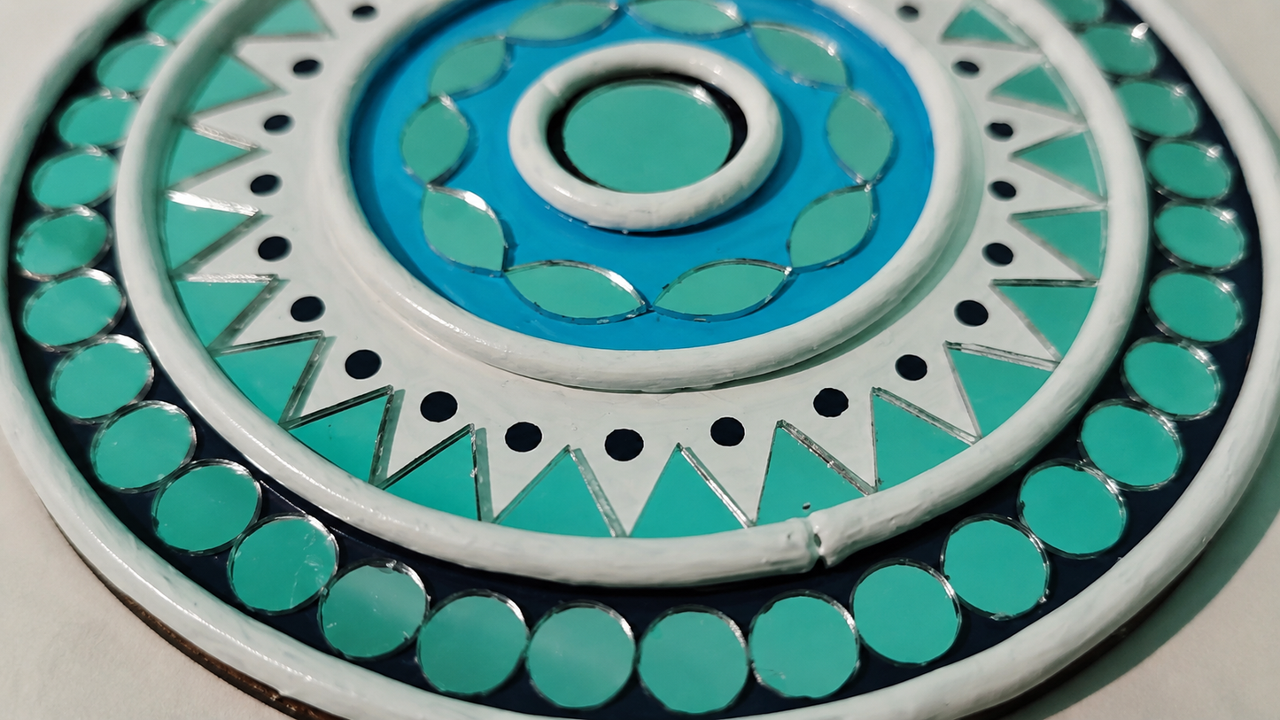 Handcrafted Coastal Sky Blue Mandala Lippan Art (6-Inch MDF Base) – Premium Turquoise Mud & Mirror Work Wall Hanging