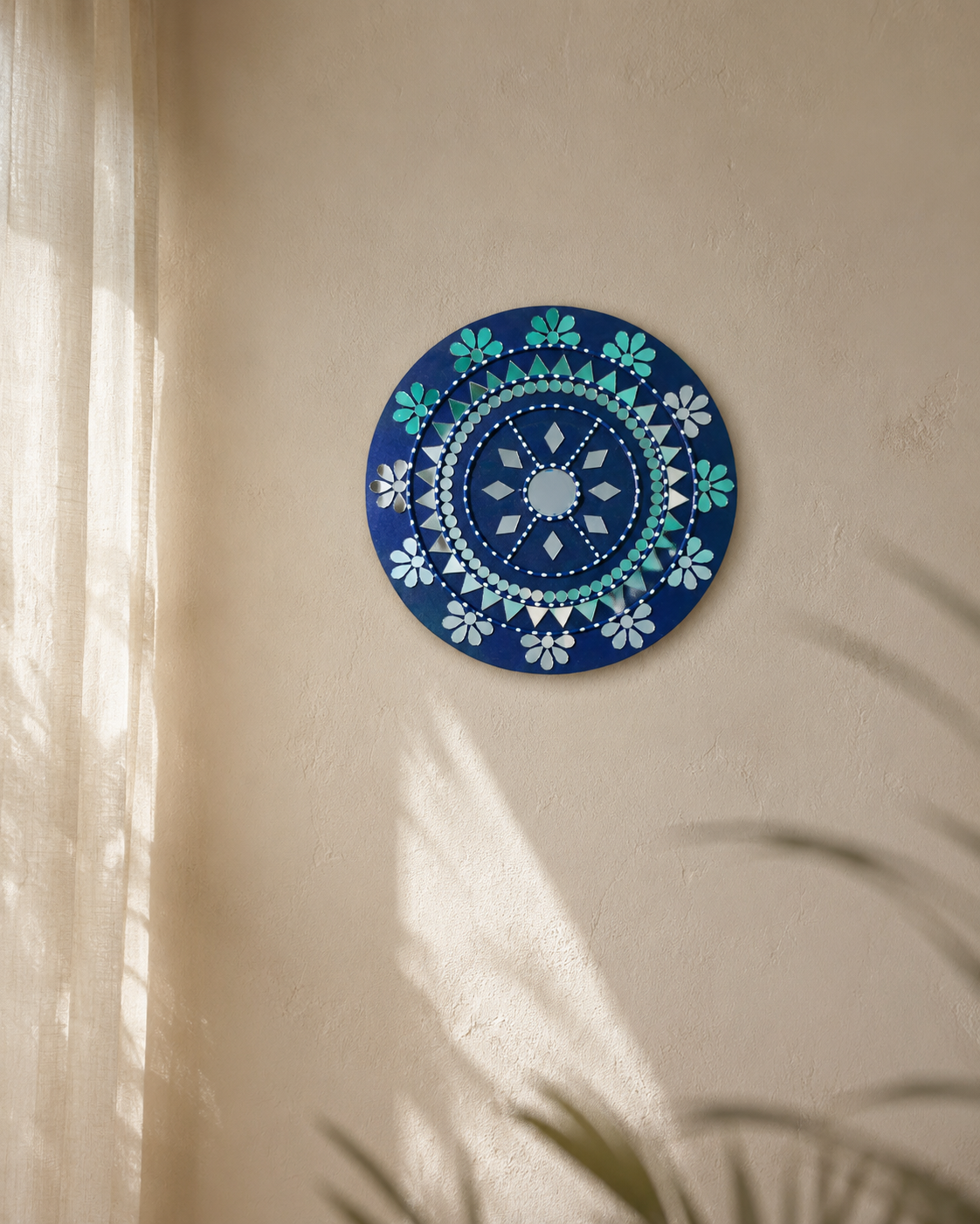 Handcrafted Royal Blue & Turquoise Mandala Lippan Art Wall Mirror (12-Inch MDF Base) – Traditional Mud & Mirror Work Hanging