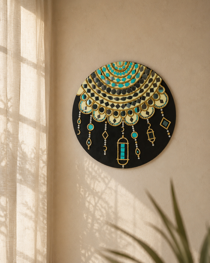 Handcrafted Luxury Jharokha Archway Lippan Art Wall Hanging (16-Inch MDF Base) – Premium Gold & Turquoise Mud-Mirror Work