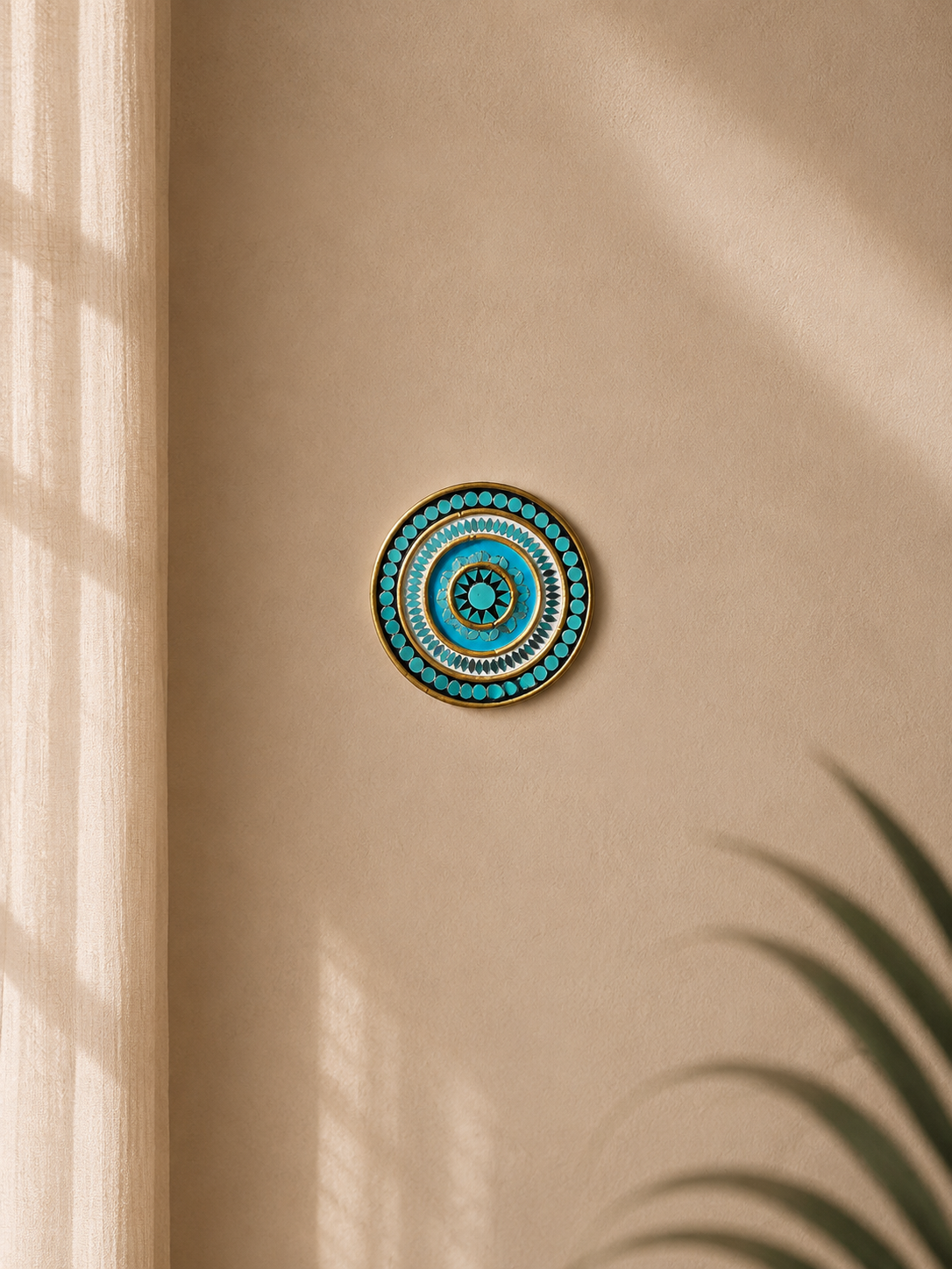 Handcrafted Ocean Turquoise Mandala Lippan Art (6-Inch MDF Base) – Premium Blue & Gold Mud-Mirror Work Wall Hanging