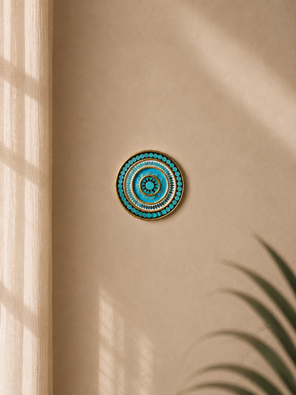 Handcrafted Ocean Turquoise Mandala Lippan Art (6-Inch MDF Base) – Premium Blue & Gold Mud-Mirror Work Wall Hanging