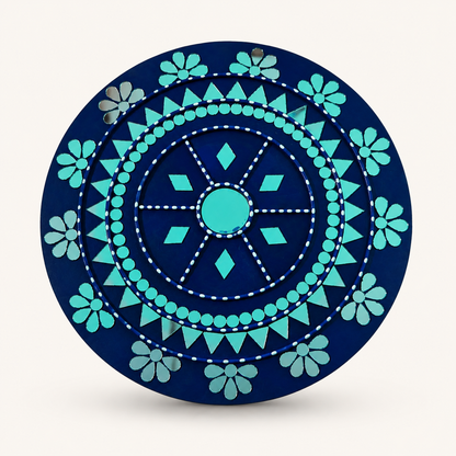 Handcrafted Royal Blue & Turquoise Mandala Lippan Art Wall Mirror (12-Inch MDF Base) – Traditional Mud & Mirror Work Hanging