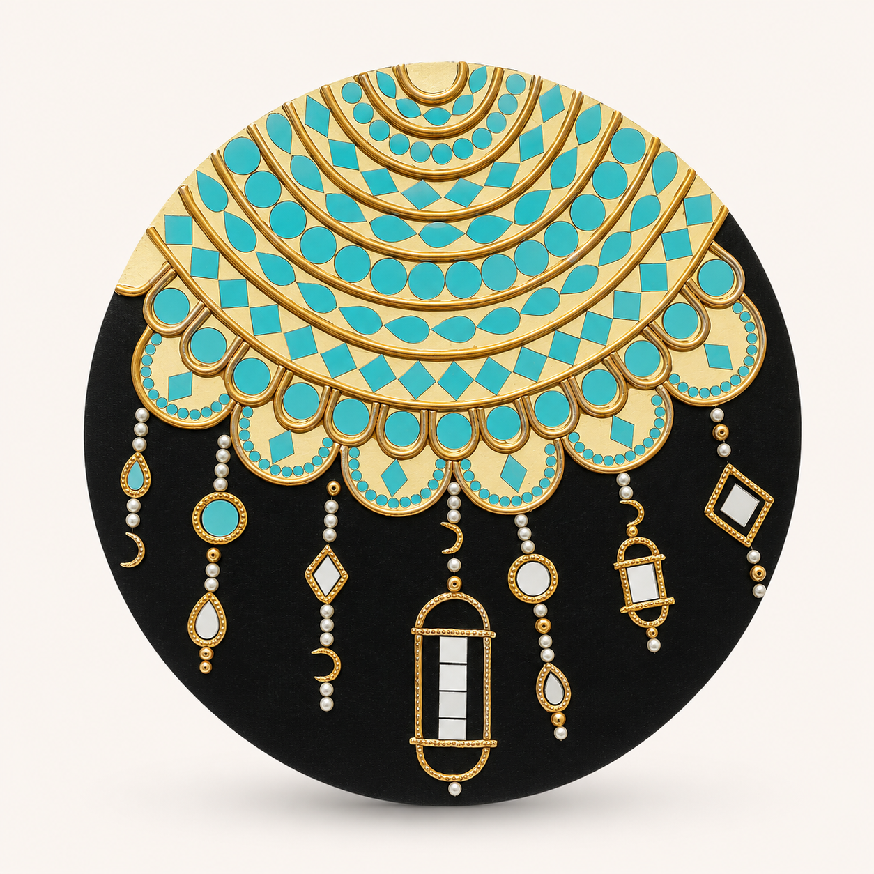 Handcrafted Luxury Jharokha Archway Lippan Art Wall Hanging (16-Inch MDF Base) – Premium Gold & Turquoise Mud-Mirror Work