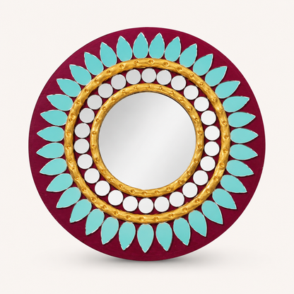 Handcrafted Regal Burgundy & Gold Lippan Art Mirror (6-Inch MDF Base) – Traditional Mud & Mirror Work Wall Accent