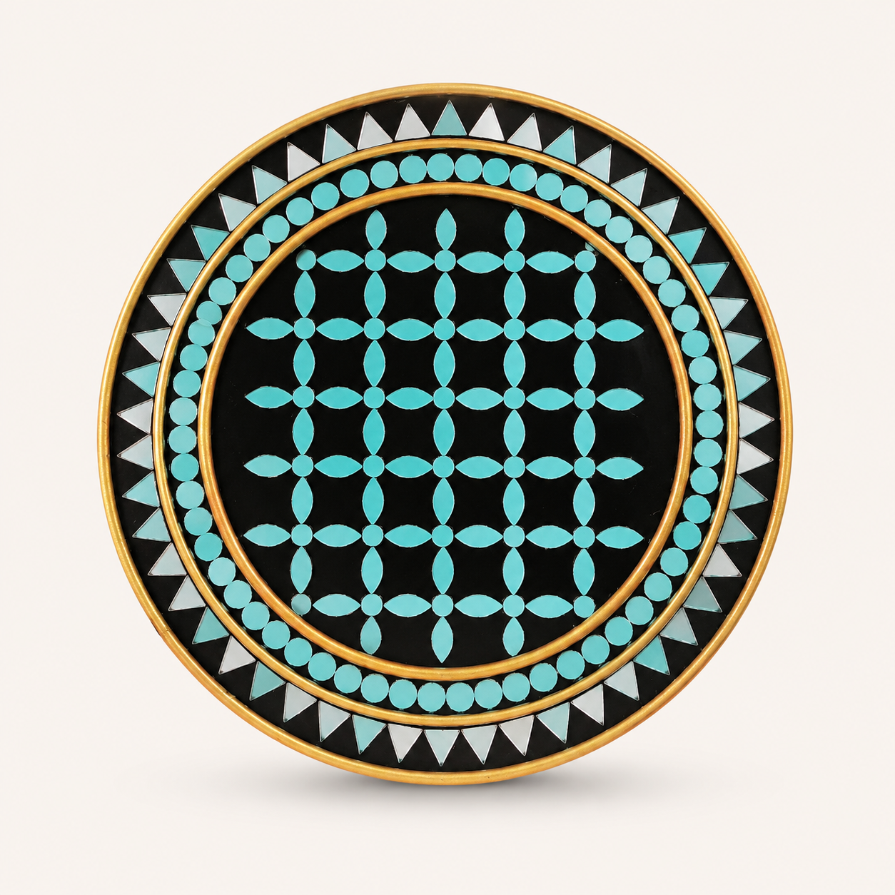 Handcrafted Luxury Turquoise Floral Grid Lippan Art (10-Inch MDF Base) – Premium Black & Gold Mud-Mirror Work Mandala