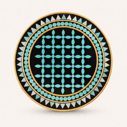 Handcrafted Luxury Turquoise Floral Grid Lippan Art (10-Inch MDF Base) – Premium Black & Gold Mud-Mirror Work Mandala