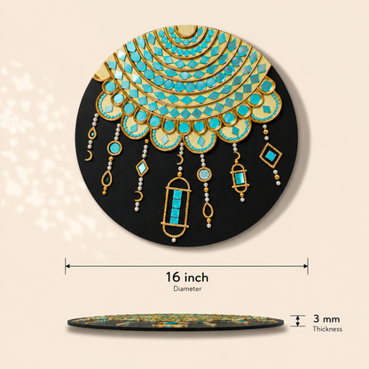 Handcrafted Luxury Jharokha Archway Lippan Art Wall Hanging (16-Inch MDF Base) – Premium Gold & Turquoise Mud-Mirror Work