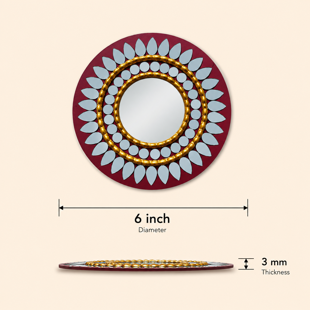 Handcrafted Regal Burgundy & Gold Lippan Art Mirror (6-Inch MDF Base) – Traditional Mud & Mirror Work Wall Accent