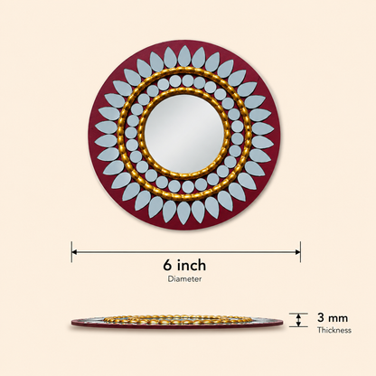 Handcrafted Regal Burgundy & Gold Lippan Art Mirror (6-Inch MDF Base) – Traditional Mud & Mirror Work Wall Accent
